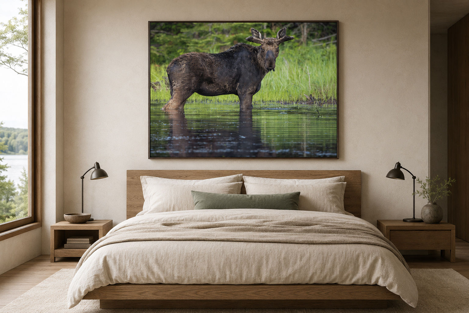 Large Gunflint Trail moose reflection photograph displayed above a neutral bed in a contemporary lake house